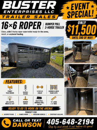 16×6 Roper Bumper Pull 3-Horse Trailer